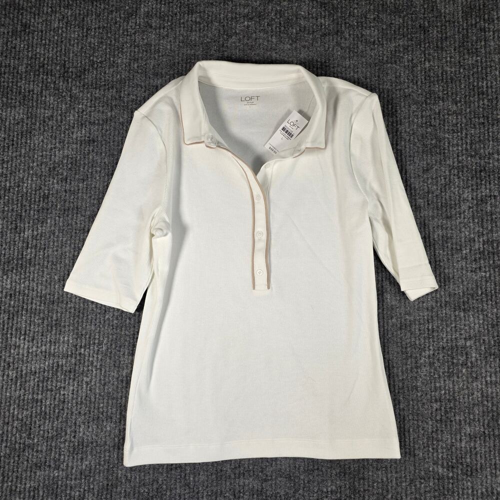 LOFT Outlet Ribbed Collared Polo Top Womens Large NWT Ivory 3/4 Sleeve
